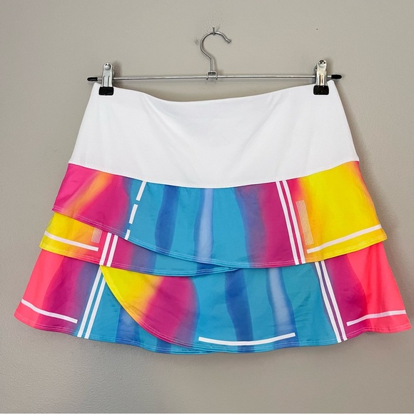 Lucky in Love Tiered Athletic Pull On Skort White Rainbow Print Large - Picture 5 of 5